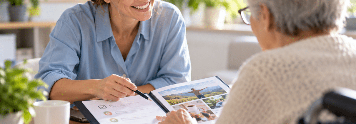 Professionnelle échangeant avec une personne accompagnée autour de son projet personnalisé en ESSMS