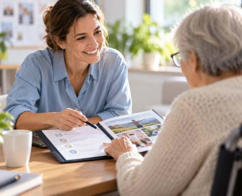 Professionnelle échangeant avec une personne accompagnée autour de son projet personnalisé en ESSMS